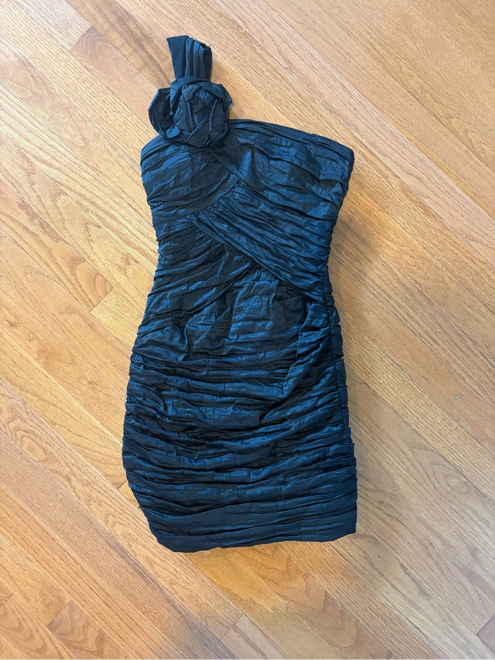 BCBGMaxAzria Black One-Shoulder Rosette Ruched Dress